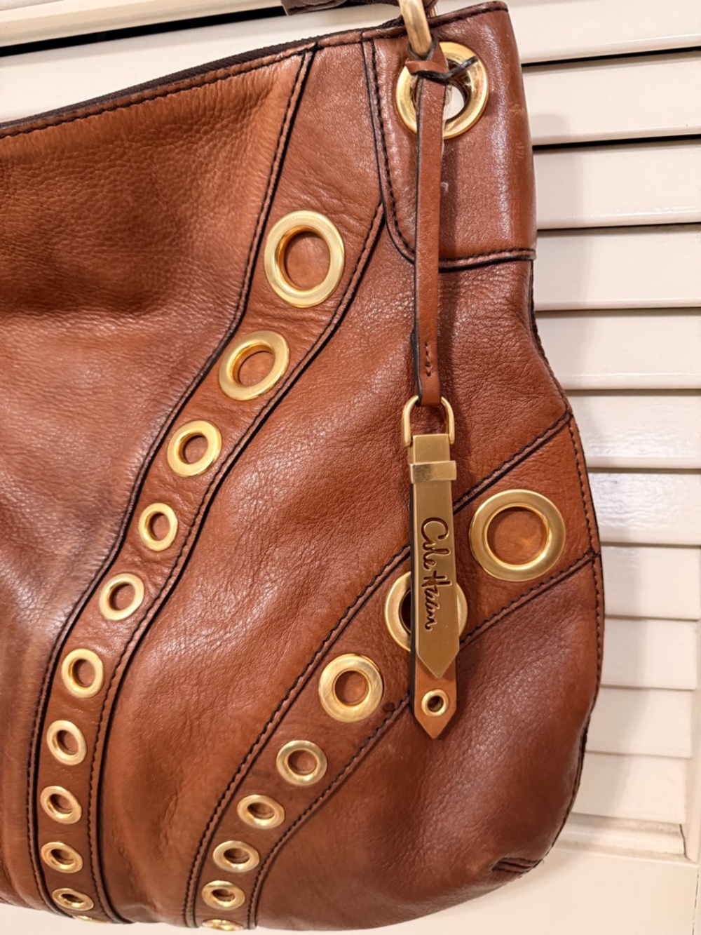 Cole Haan Brown Leather Hobo Bag with Gold Grommet Accents - Picture 3 of 11